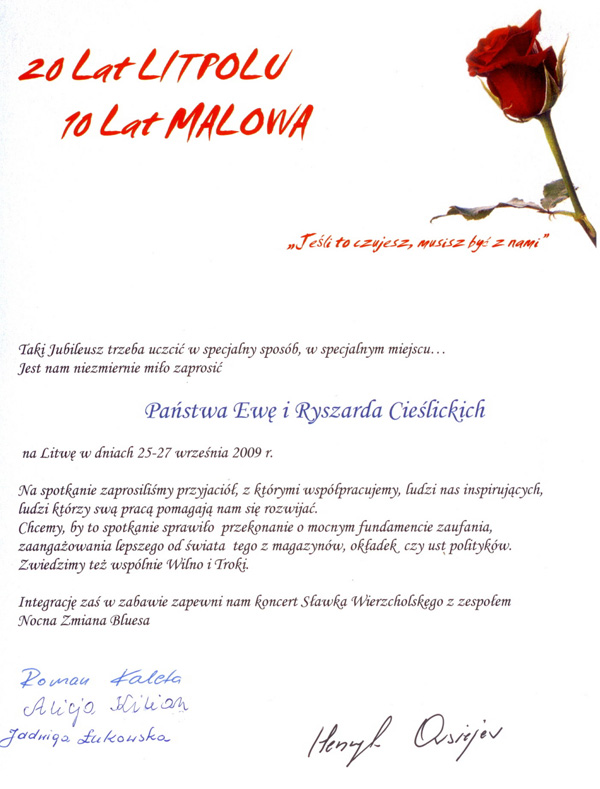 20 lat Litpolu, 10 lat Malowa - zaproszenie
